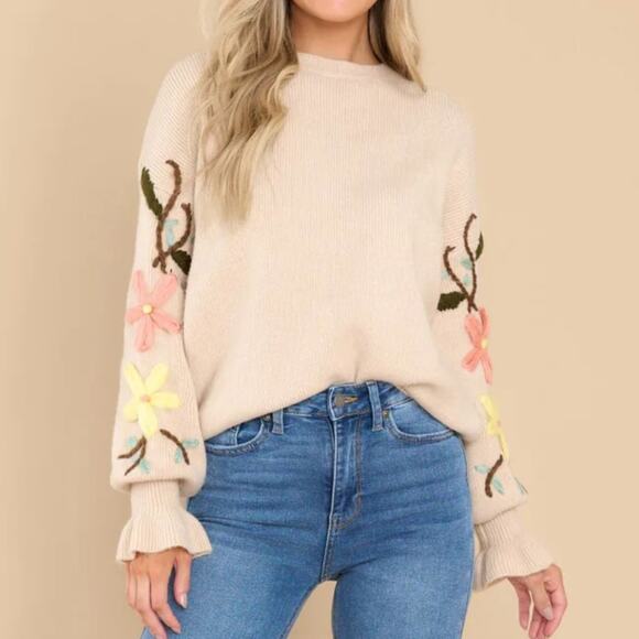 SEE AND BE SEEN Array Of Flowers Embroidered Sweater Tan Cream {3G39} - Picture 1 of 10